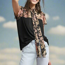 Load image into Gallery viewer, Anthropologie Women's Boho Floral Neck-Tie Short Sleeve Jersey Black Top - XS - Luxe Fashion Finds
