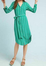Load image into Gallery viewer, Anthropologie Striped Green Shirt Dress with removable belt for women