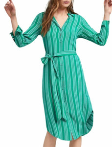 Anthropologie Dress Womens 0 Green Button Up Long Sleeve Belted White Striped Anthropologie Dress Womens 0 Green Button Up Long Sleeve Belted White Striped