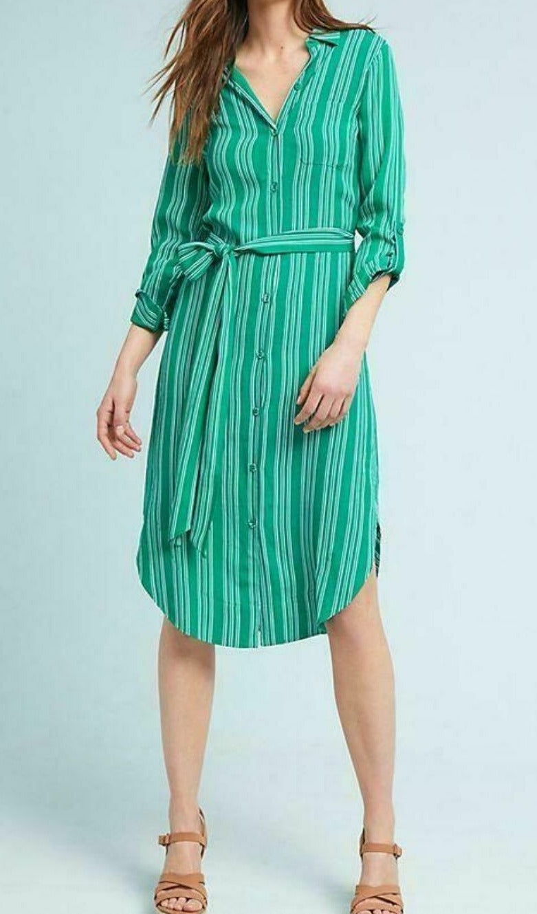Anthropologie Dress Womens 0 Green Button Up Long Sleeve Belted White Striped Anthropologie Dress Womens 0 Green Button Up Long Sleeve Belted White Striped