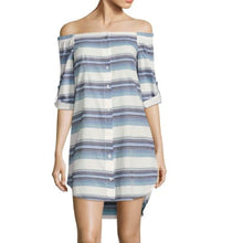Load image into Gallery viewer, Bella Dahl Dress Womens Small Blue Off Shoulder Roll Tab Sleeve Cotton Striped (3).png