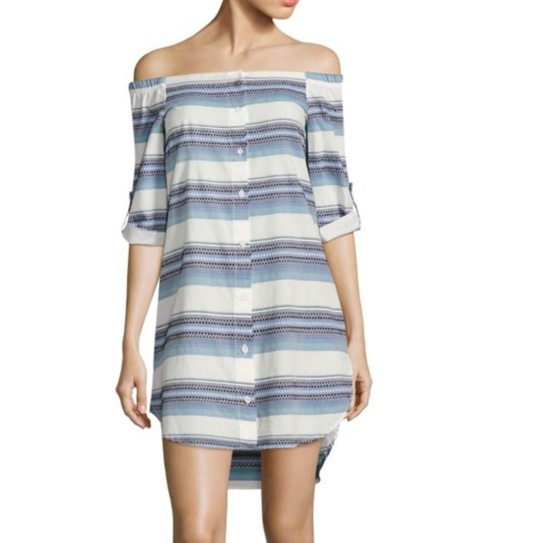 Bella Dahl Dress Womens Small Blue Off Shoulder Roll Tab Sleeve Cotton Striped (3).png
