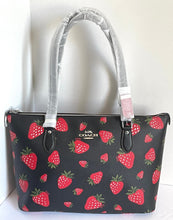 Load image into Gallery viewer, Coach Gallery Tote Womens Black Leather Canvas Shoulder Bag Wild Strawberry CH510