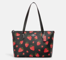 Load image into Gallery viewer, Coach Gallery Tote Womens Black Leather Canvas Shoulder Bag Wild Strawberry CH510