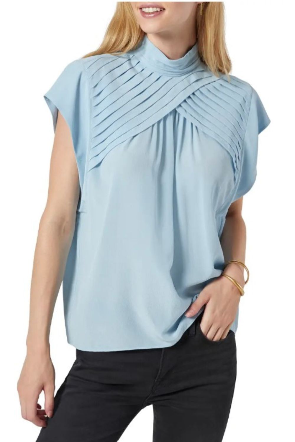 Joie Silk Shirt Womens Medium Blue Mock Neck Short Sleeve Edesse Pleated Top