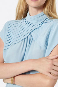 Joie Silk Shirt Womens Medium Blue Mock Neck Short Sleeve Edesse Pleated Top