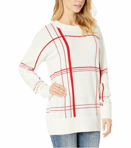 Equipment Women's Malin Crew Neck Merino Wool Red Graphic White Sweater, L