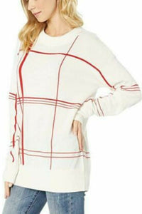 Equipment Women's Malin Crew Neck Merino Wool Red Graphic White Sweater, L