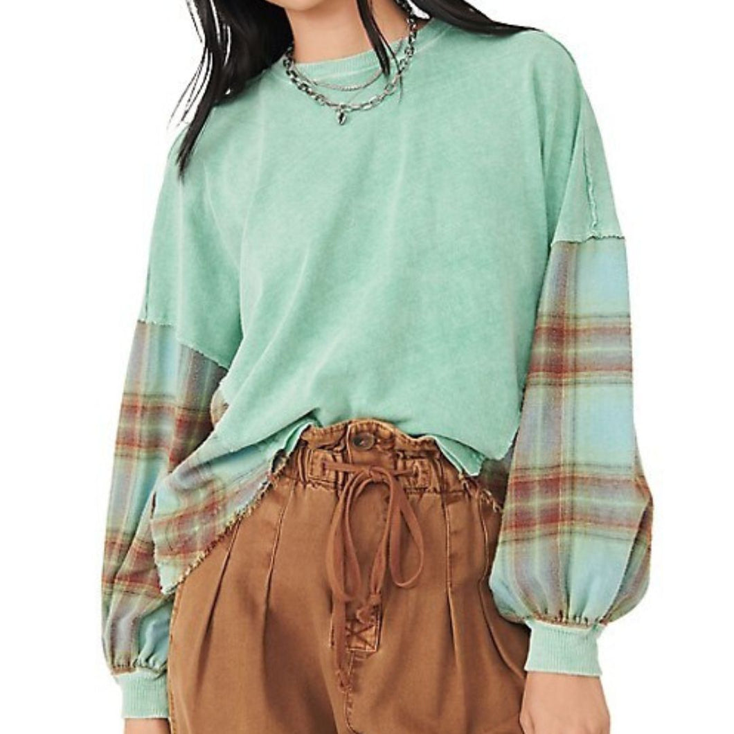 Free People Women's Miley Scoop Neck Long Sleeve Slouchy Plaid Trim Cotton Top