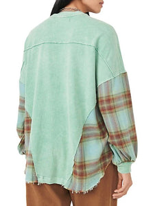 Free People Women's Miley Scoop Neck Long Sleeve Slouchy Plaid Trim Cotton Top