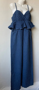 Anthropologie Jumpsuit Womens Blue Denim Sleeveless Peplum Ruffled Striped