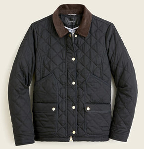 J Crew Utility Jacket with corduroy collar and quilting with two flap front pockets. Made from sustainable fabric
