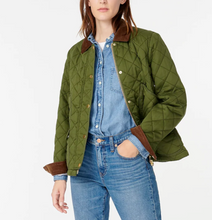 Load image into Gallery viewer, J Crew Women’s Barn Quilted Jacket w Corduroy Trim Zip/Snap Field Jacket