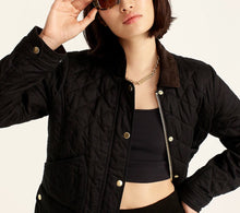 Load image into Gallery viewer, J Crew Quilted black Barn Jacket with front flap pockets with zip snap closure 