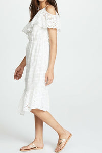 Joie Dress Womens Small White One Shoulder Midi Eyelet Cotton Ruffled, Corynn