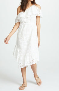 Joie Dress Womens Small White One Shoulder Midi Eyelet Cotton Ruffled, Corynn
