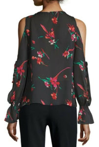 Joie Women's Cold Shoulder Top Bishop Sleeve Silk Rosa Floral Black - Medium