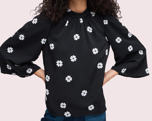 Kate Spade Top Womens Black Mock Neck Floral Puff Bell Sleeve Crepe Blouse