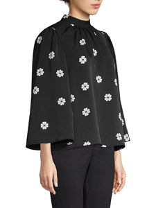 Kate Spade Top Womens Black Mock Neck Floral Puff Bell Sleeve Crepe Blouse