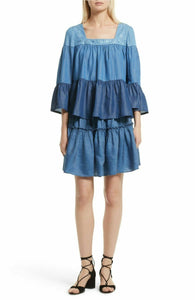 Kate Spade Women's Square Neck Smocked Tiered Top, Blue Floral Embroidered
