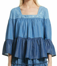 Load image into Gallery viewer, Kate Spade Women&#39;s Square Neck Smocked Tiered Top, Blue Floral Embroidered