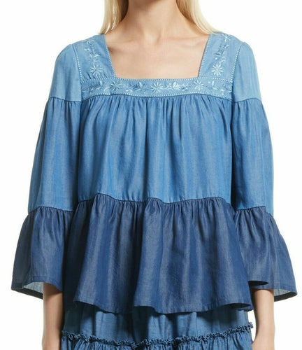 Kate Spade Women's Square Neck Smocked Tiered Top, Blue Floral Embroidered