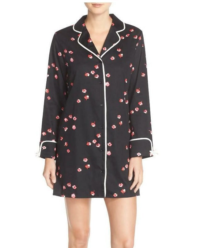 Kate Spade Women's V-Neck Button Up Cotton Floral Black Sleepshirt Pajama, XL