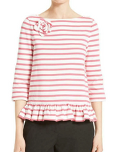 Load image into Gallery viewer, Kate Spade Women&#39;s Boat Neck Pink Stripe Corsage Peplum Cotton Top - XXS