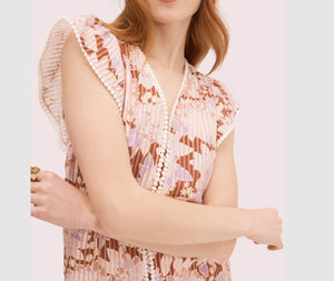 Kate Spade Womens V-Neck  Flutter Sleeve Crochet Floral Stripe Pink Top, Small