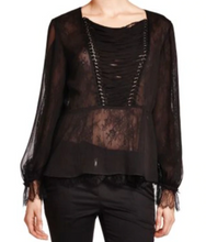 Load image into Gallery viewer, Kooples Top Womens Extra Extra Small Black Lace Corset Ribbon Peplum Blouse