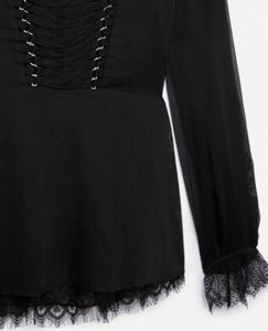 Kooples Top Womens Extra Extra Small Black Lace Corset Ribbon Peplum Blouse