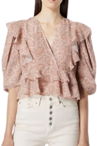 Kooples Top Womens Pink V-Neck Crop Short Sleeve Ruffled Paisley Chiffon Blouse
