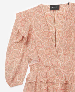 Kooples Top Womens Pink V-Neck Crop Short Sleeve Ruffled Paisley Chiffon Blouse