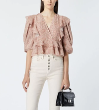 Load image into Gallery viewer, Kooples Top Womens Pink V-Neck Crop Short Sleeve Ruffled Paisley Chiffon Blouse