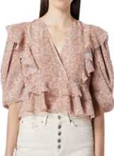 Load image into Gallery viewer, The Kooples Top Womens Pink V-Neck Crop Short Sleeve Ruffled Paisley Chiffon Blouse