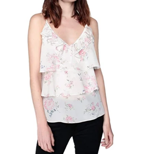 Kooples Top Womens Small Silk Camisole V-Neck Sleeveless Floral Off White