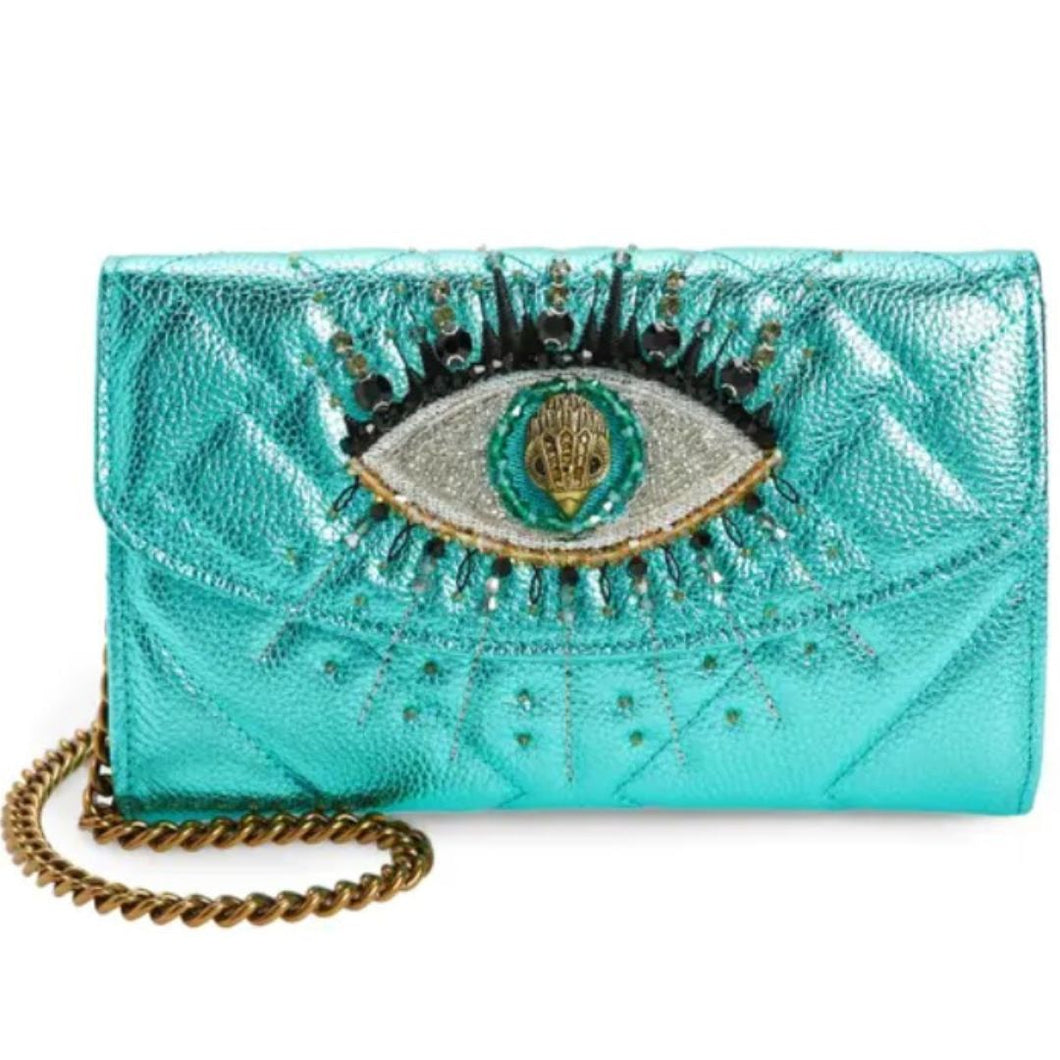 Kurt Geiger Clutch Womens Blue Kensington Eye Quilted Leather Wallet on a Chain
