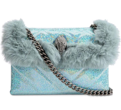 Kurt Geiger Mini Kensington Crossbody Womens Blue Faux Fur Quilted Glitter Bag