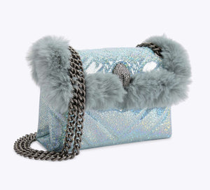 Kurt Geiger Mini Kensington Crossbody Womens Blue Faux Fur Quilted Glitter Bag