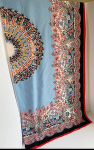 Liberty London Cotton Silk Scarf Large Blue Oblong Floral Paisley Lightweight
