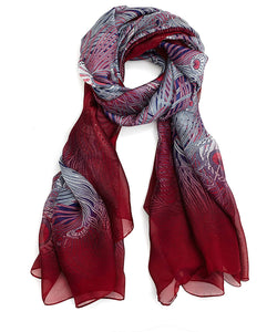 Liberty London Peacock Feather Silk Scarf Red All O Hera Oblong Lightweight Italy