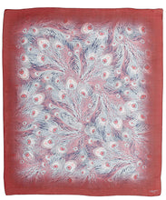 Load image into Gallery viewer, A red silk scarf with a white peacock feather pattern and blue accents, with finished edges and a signature logo in the corner.