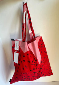 Marimekko Tote Womens Mansikkavuoret Print Red Cotton Shopping Bag