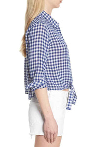Rails Shirt Womens Medium Blue Button Up Tie Waist Crop Gingham Cotton Top