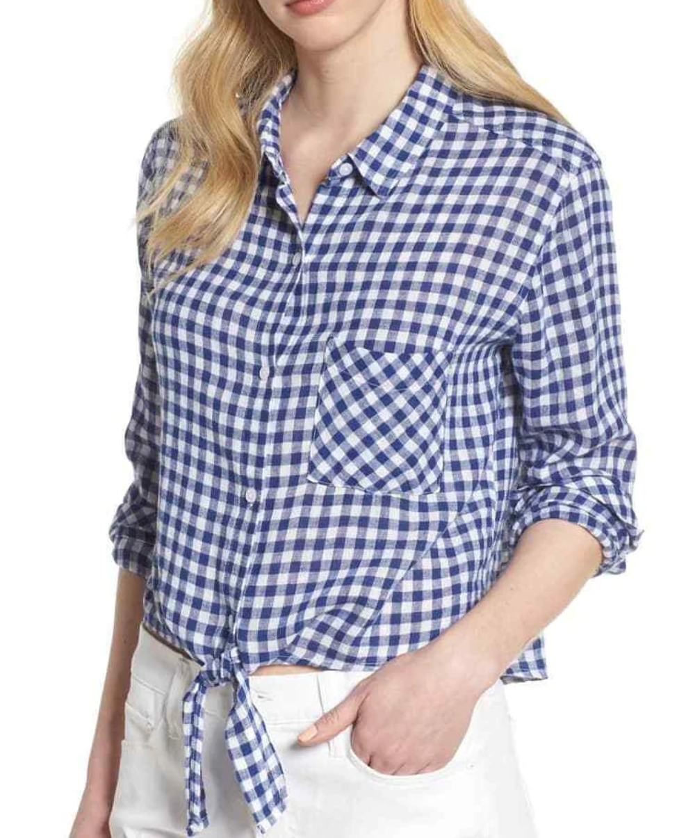 Rails Shirt Womens Medium Blue Button Up Tie Waist Crop Gingham Cotton Top
