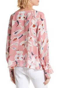 Tanya Taylor Women's Boat Neck Flare Cuff Silk Floral Hand-Painted Pink Top - 4