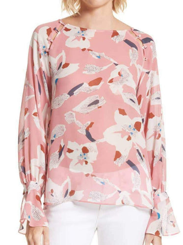 Tanya Taylor Women's Boat Neck Flare Cuff Silk Floral Hand-Painted Pink Top - 4