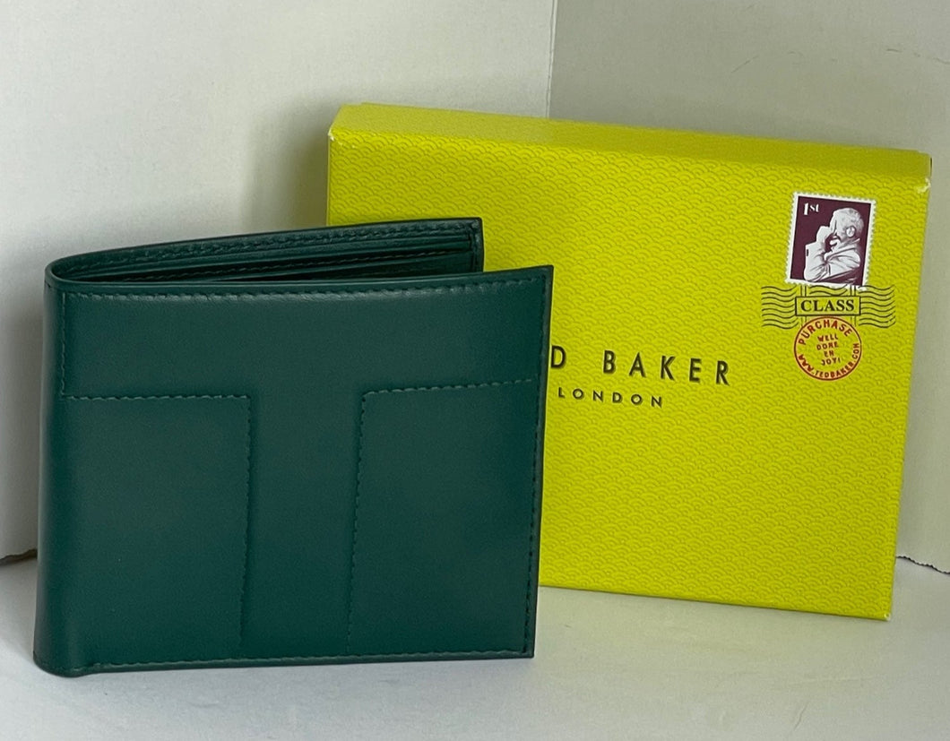 Ted Baker Wallet Mens RFID Green Leather Bifold Slim Billfold Boxed