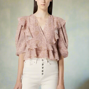 Kooples Top Womens Pink V-Neck Crop Short Sleeve Ruffled Paisley Chiffon Blouse