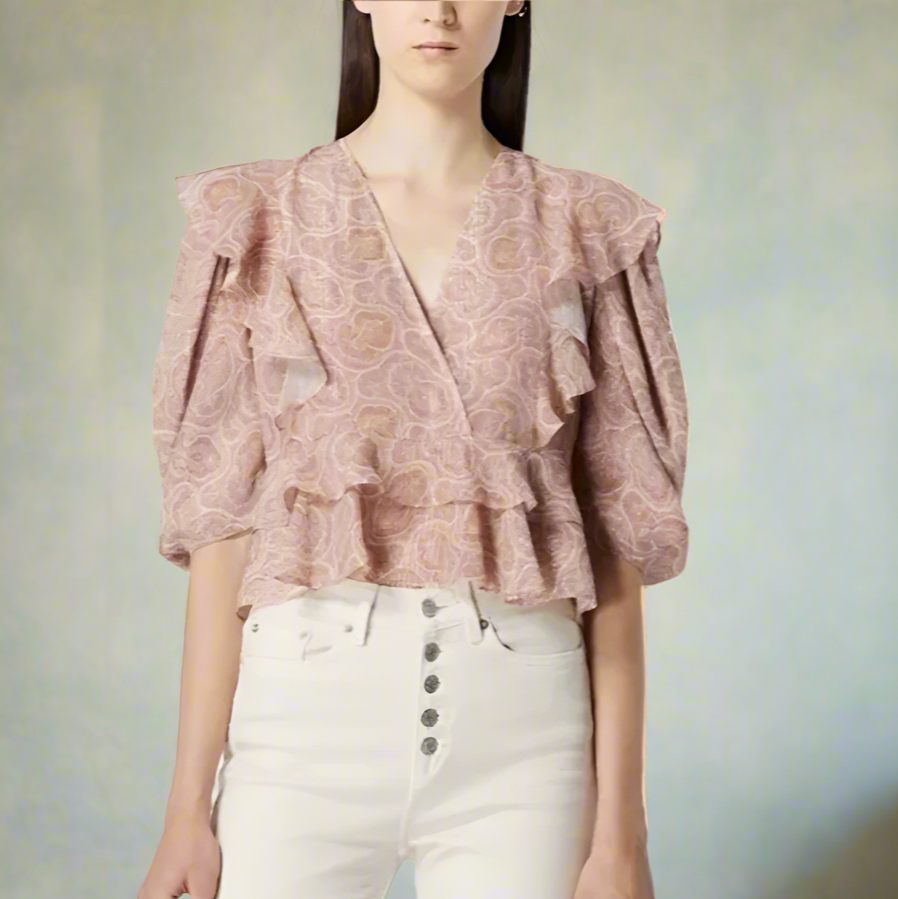 Kooples Top Womens Pink V-Neck Crop Short Sleeve Ruffled Paisley Chiffon Blouse